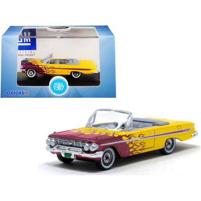 1961 Chevrolet Impala Convertible Yellow with Purple Flames "Hot Rod" 1/87 (HO) Scale Diecast Model Car by Oxford Diecast - Oxford Diecast - ModelCars.com
