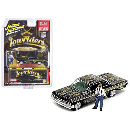 1961 Chevrolet Impala Lowrider Black with Graphics and Diecast Figure Limited Edition to 3600 pieces Worldwide 1/64 Diecast Model Car by Johnny Lightning-Johnny Lightning-ModelCars.com