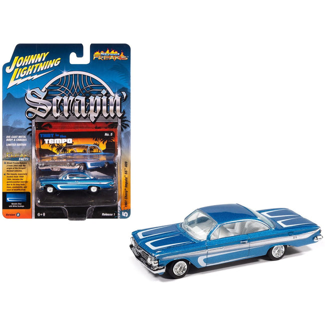 1961 Chevrolet Impala SS 409 Blue Metallic with White Stripes and Interior "Scrapin'" Series 1/64 Diecast Model Car by Johnny Lightning-Johnny Lightning-ModelCars.com