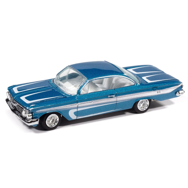 1961 Chevrolet Impala SS 409 Blue Metallic with White Stripes and Interior "Scrapin'" Series 1/64 Diecast Model Car by Johnny Lightning-Johnny Lightning-ModelCars.com