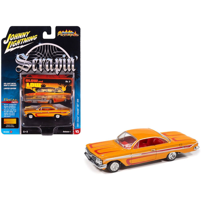 1961 Chevrolet Impala SS 409 Yellow Metallic with Red Stripes and Interior "Scrapin" Series 1/64 Diecast Model Car by Johnny Lightning-Johnny Lightning-ModelCars.com