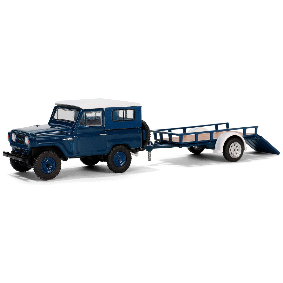 1961 Nissan Patrol Blue with White Top and Utility Trailer "Hitch & Tow Series" 31 1/64 Diecast Model Car by Greenlight - Greenlight - ModelCars.com