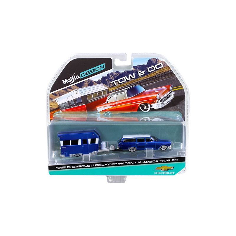 1962 Chevrolet Biscayne Wagon with Alameda Trailer Blue Tow & Go 1/64 Diecast Model by Maisto - Maisto - ModelCars.com
