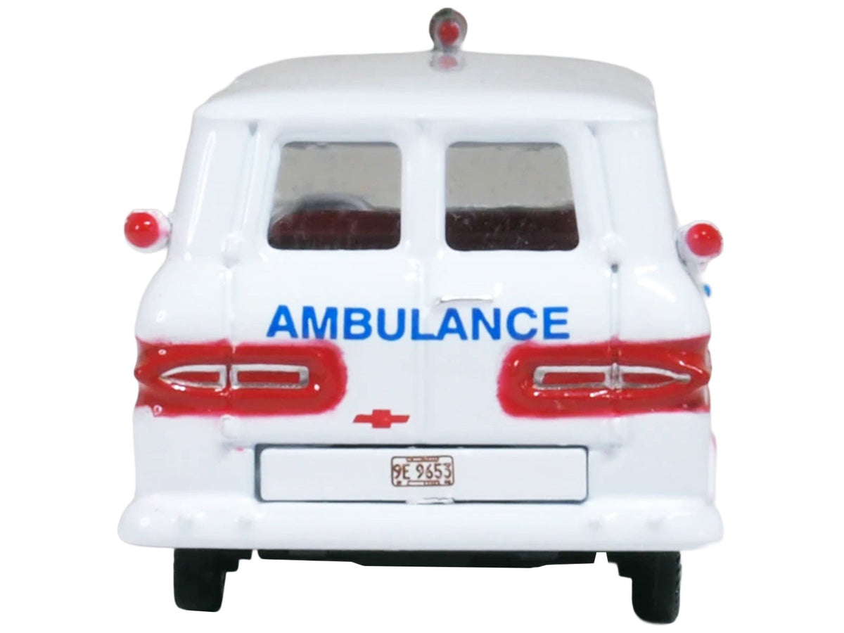 1962 Chevrolet Corvair Greenbrier AmbleWagon Ambulance White with Red Stripes 1/87 (HO) Scale Diecast Model Car by Oxford Diecast-Oxford Diecast-ModelCars.com