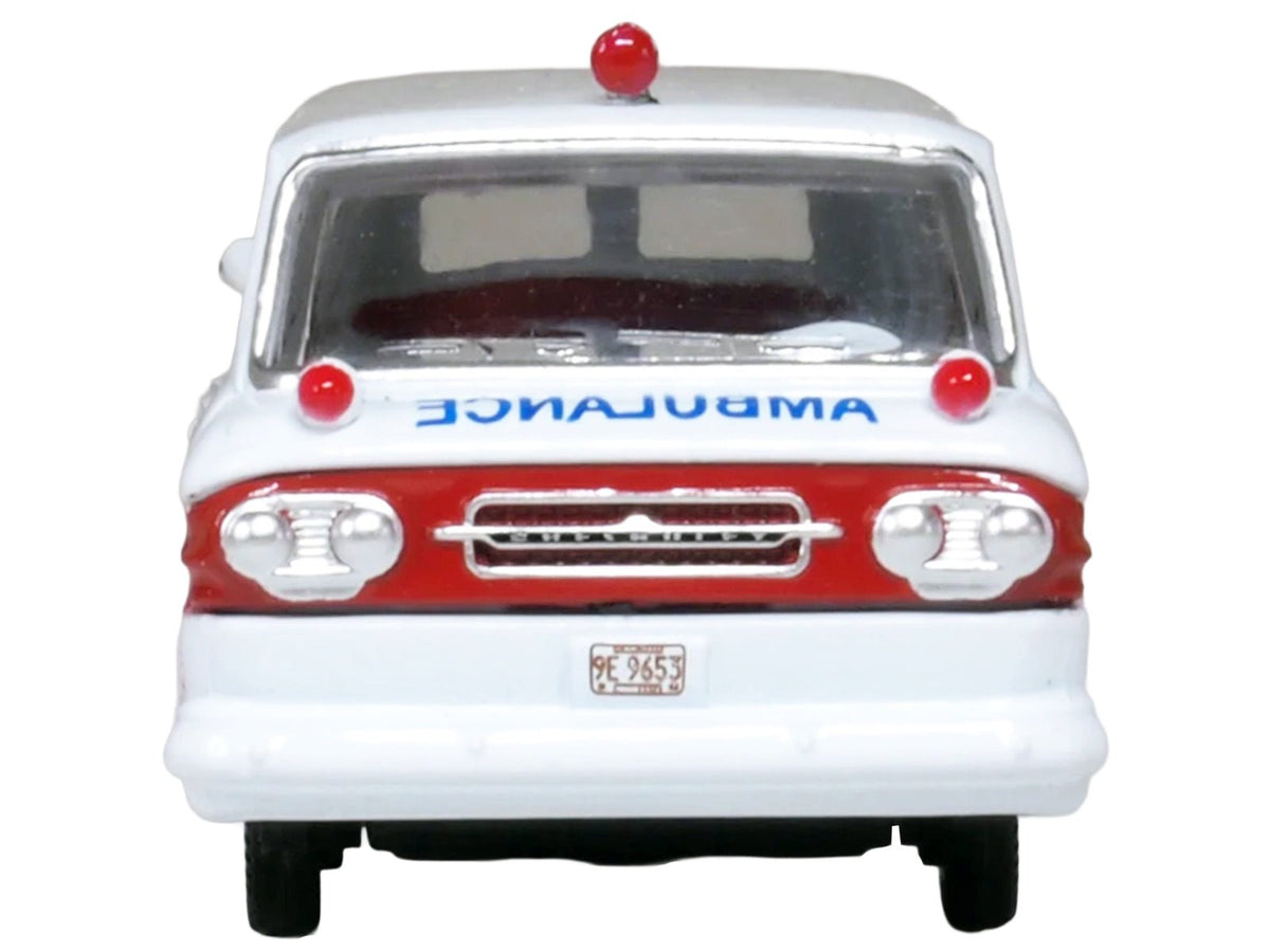 1962 Chevrolet Corvair Greenbrier AmbleWagon Ambulance White with Red Stripes 1/87 (HO) Scale Diecast Model Car by Oxford Diecast-Oxford Diecast-ModelCars.com