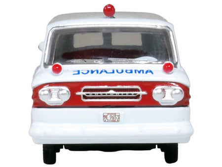 1962 Chevrolet Corvair Greenbrier AmbleWagon Ambulance White with Red Stripes 1/87 (HO) Scale Diecast Model Car by Oxford Diecast-Oxford Diecast-ModelCars.com