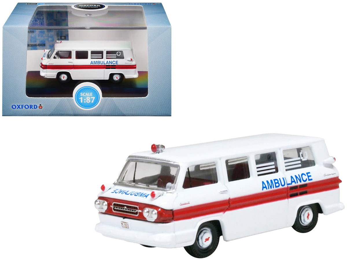 1962 Chevrolet Corvair Greenbrier AmbleWagon Ambulance White with Red Stripes 1/87 (HO) Scale Diecast Model Car by Oxford Diecast-Oxford Diecast-ModelCars.com