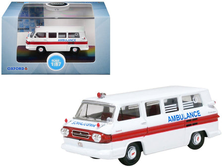1962 Chevrolet Corvair Greenbrier AmbleWagon Ambulance White with Red Stripes 1/87 (HO) Scale Diecast Model Car by Oxford Diecast-Oxford Diecast-ModelCars.com