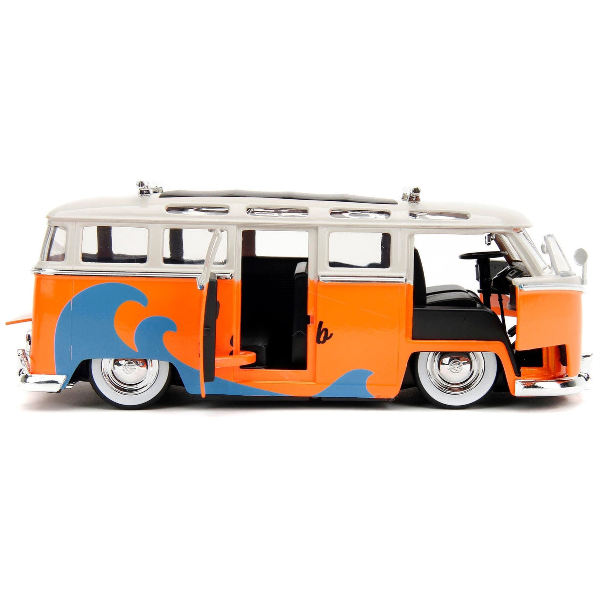 1962 Volkswagen Bus "Santa Monica Surf Club" Orange and White with Graphics with Roof Rack and Surfboard "Punch Buggy" Series 1/24 Diecast Model Car by Jada-Jada-ModelCars.com