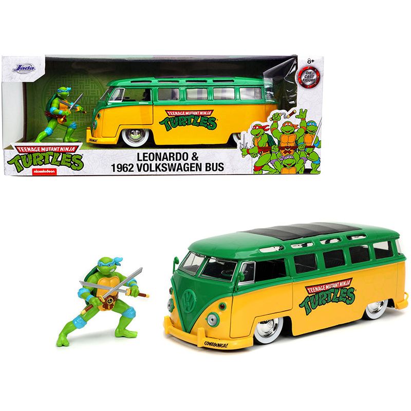1962 Volkswagen Bus Yellow and Green with Leonardo Diecast Figurine "Teenage Mutant Ninja Turtles" TV Series 1/24 Diecast Model Car by Jada-Jada-ModelCars.com