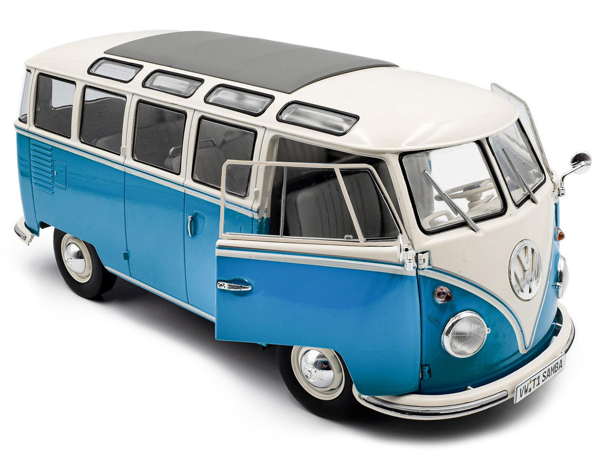 1962 Volkswagen T1 Samba Bus Baby Blue and White 1/18 Diecast Model Car by Solido-Solido-ModelCars.com