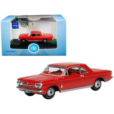 1963 Chevrolet Corvair Coupe Riverside Red with Red Interior 1/87 (HO) Scale Diecast Model Car by Oxford Diecast-Oxford Diecast-ModelCars.com