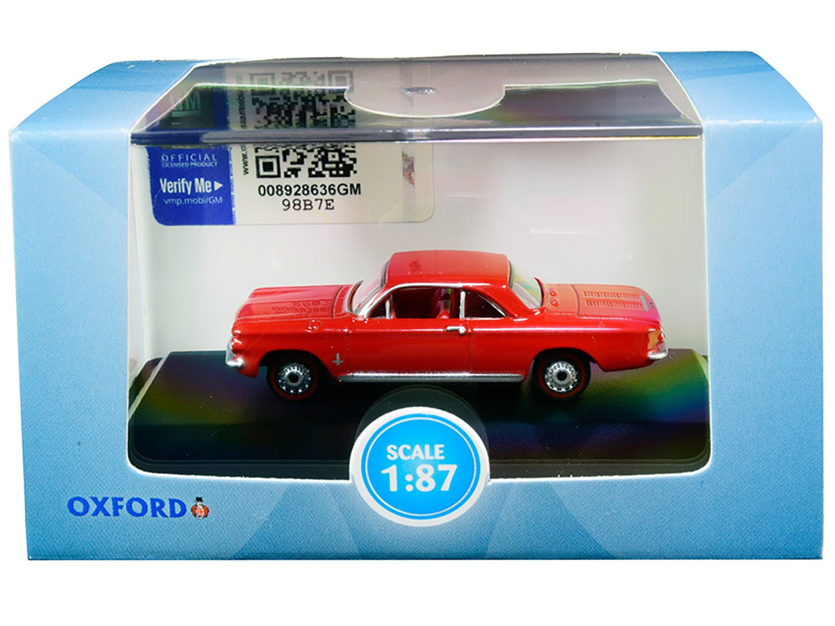 1963 Chevrolet Corvair Coupe Riverside Red with Red Interior 1/87 (HO) Scale Diecast Model Car by Oxford Diecast-Oxford Diecast-ModelCars.com