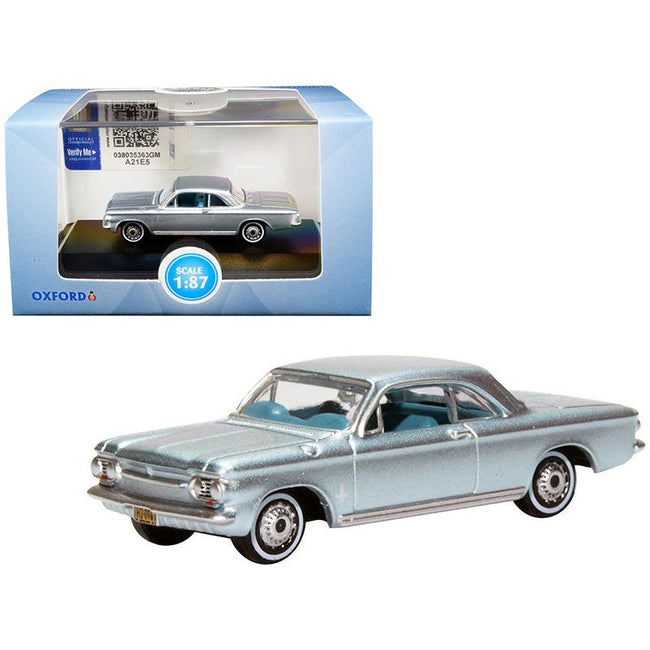 1963 Chevrolet Corvair Coupe Satin Silver Blue Metallic with Blue Interior 1/87 (HO) Scale Diecast Model Car by Oxford Diecast - Oxford Diecast - ModelCars.com
