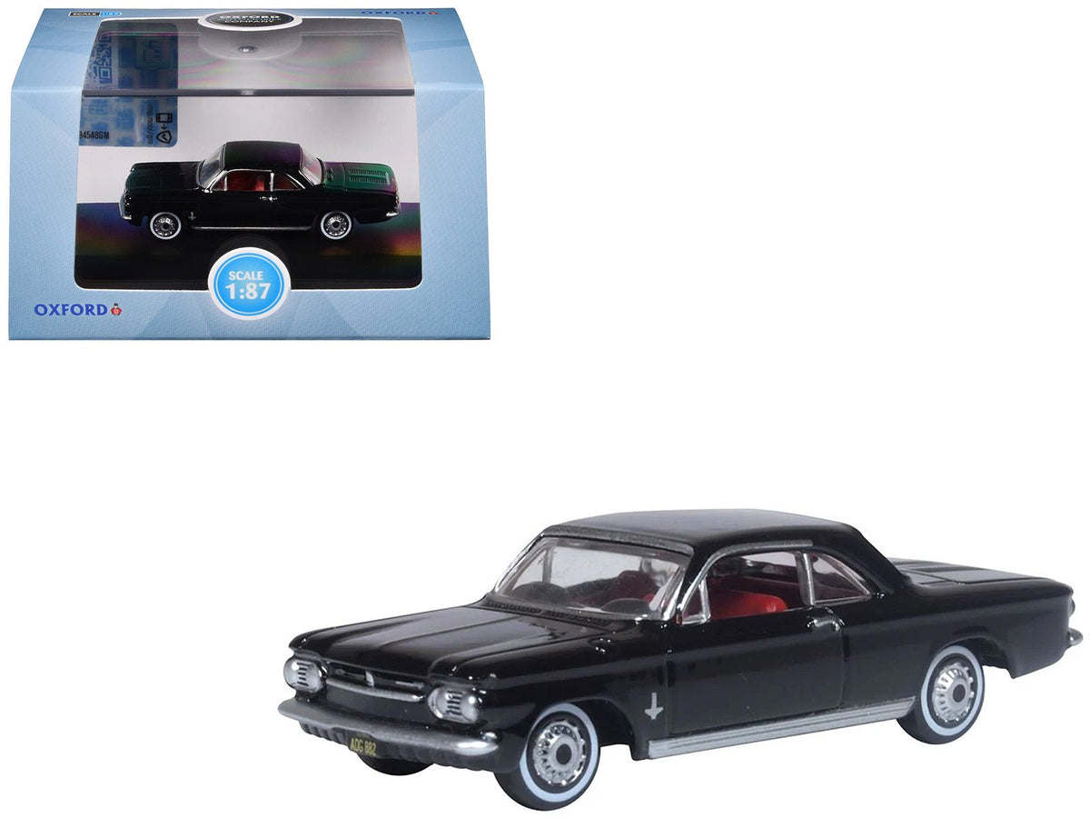 1963 Chevrolet Corvair Coupe Tuxedo Black with Red Interior 1/87 (HO) Scale Diecast Model Car by Oxford Diecast-Oxford Diecast-ModelCars.com
