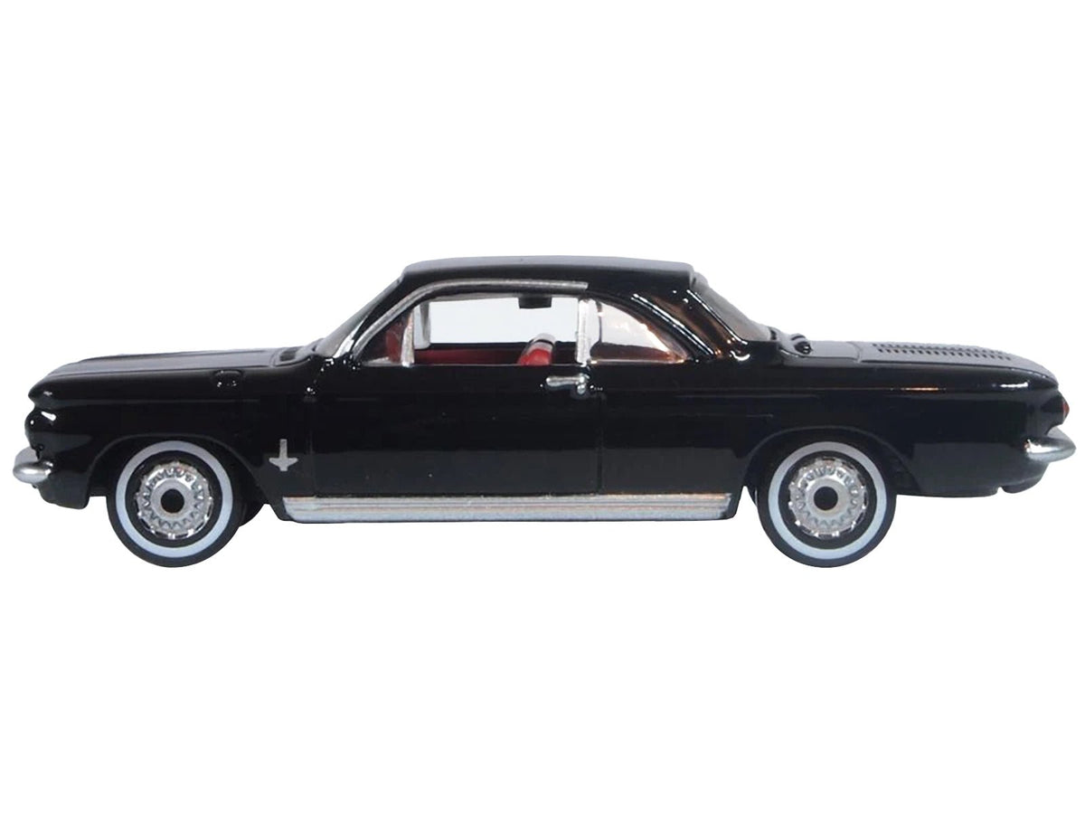 1963 Chevrolet Corvair Coupe Tuxedo Black with Red Interior 1/87 (HO) Scale Diecast Model Car by Oxford Diecast-Oxford Diecast-ModelCars.com