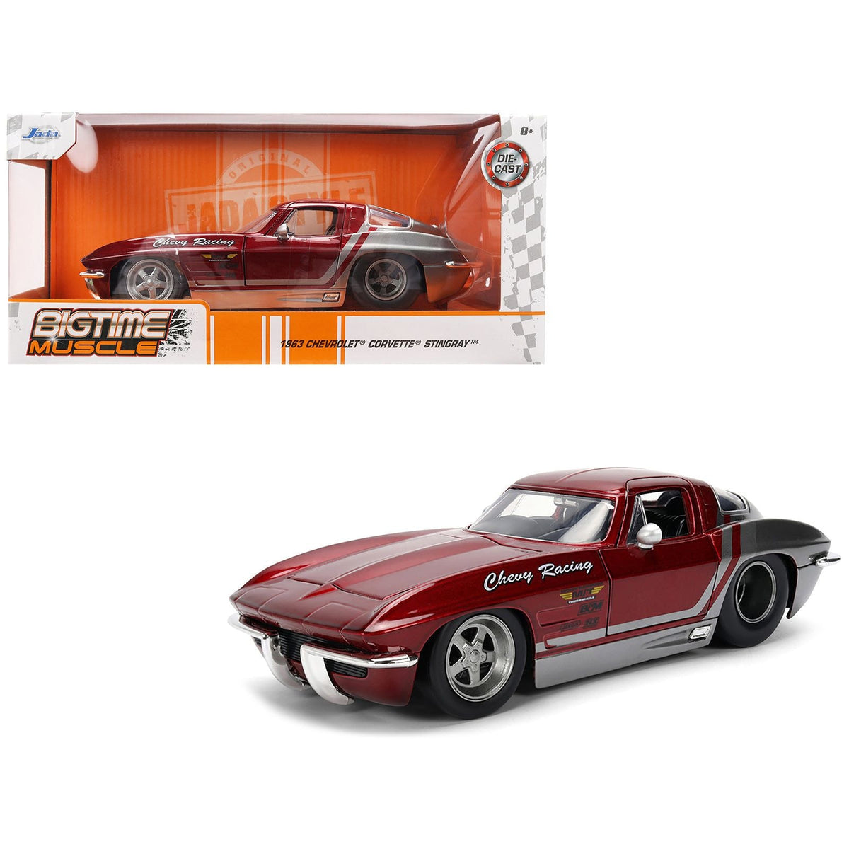 1963 Chevrolet Corvette Stingray "Chevy Racing" Red Metallic and Gray "Bigtime Muscle" Series 1/24 Diecast Model Car by Jada-Jada-ModelCars.com