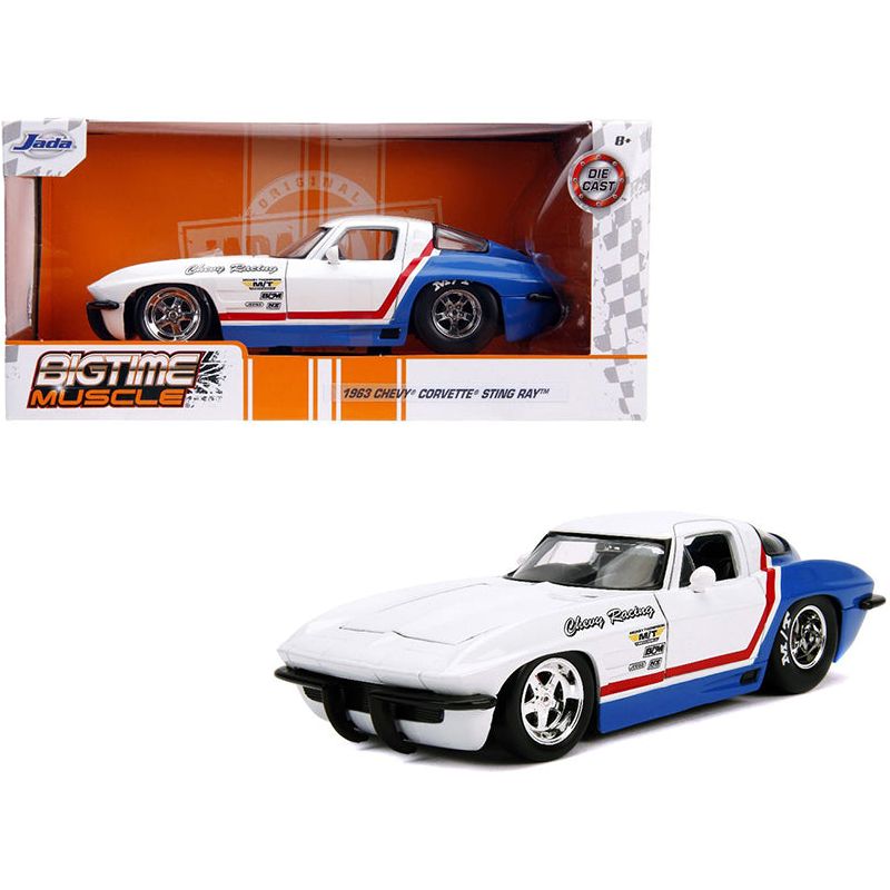 1963 Chevrolet Corvette Stingray White and Blue with Red Stripe "Chevy Racing" "Bigtime Muscle" 1/24 Diecast Model Car by Jada-Jada-ModelCars.com