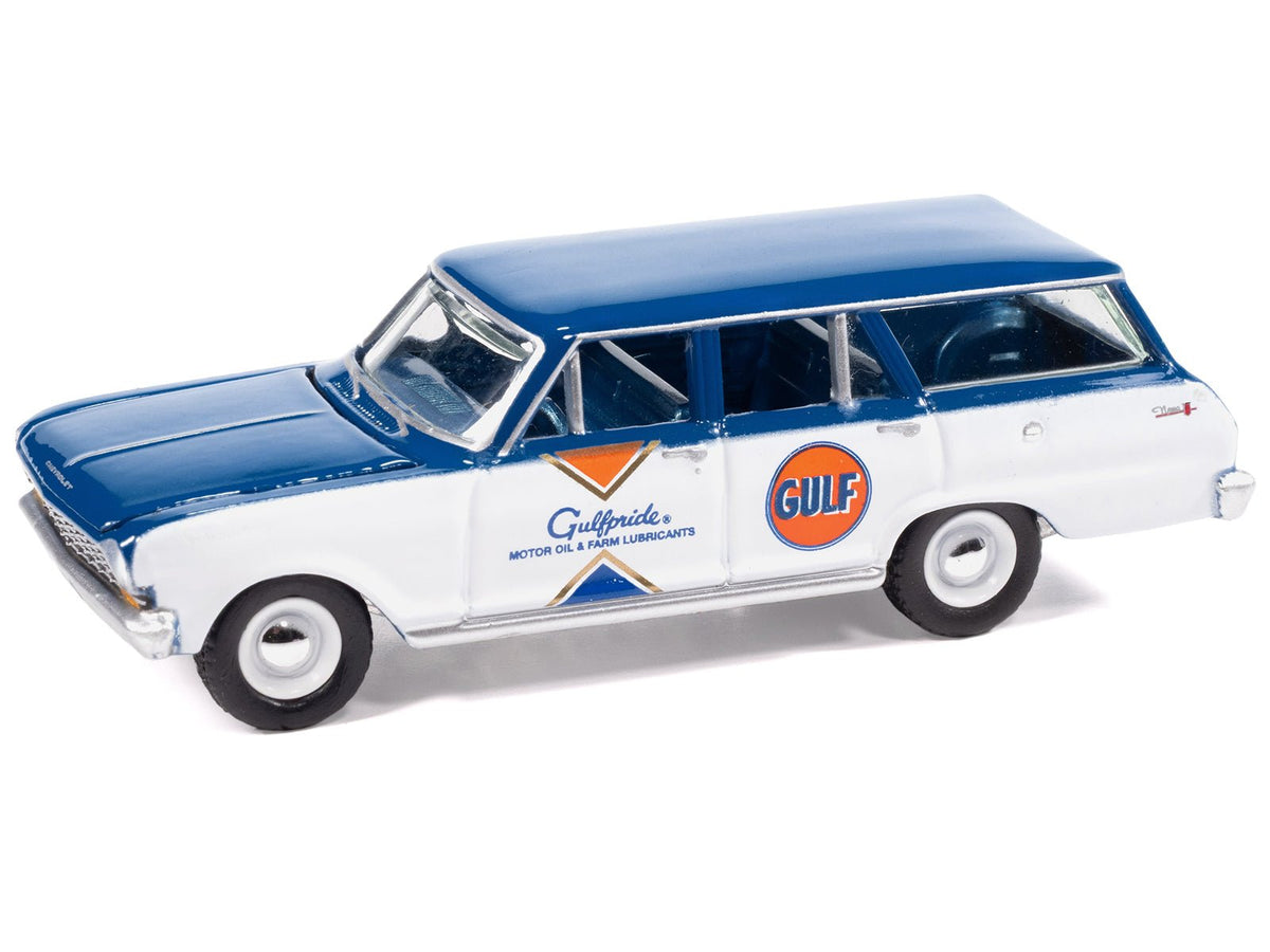 1963 Chevrolet II Nova 400 Wagon "Gulf" Blue and White with Blue Interior "Big Country Collectibles" 2025 Series 1/64 Diecast Model Car by Auto World-Autoworld-ModelCars.com