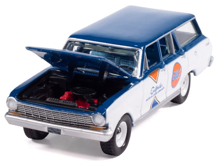 1963 Chevrolet II Nova 400 Wagon "Gulf" Blue and White with Blue Interior "Big Country Collectibles" 2025 Series 1/64 Diecast Model Car by Auto World-Autoworld-ModelCars.com