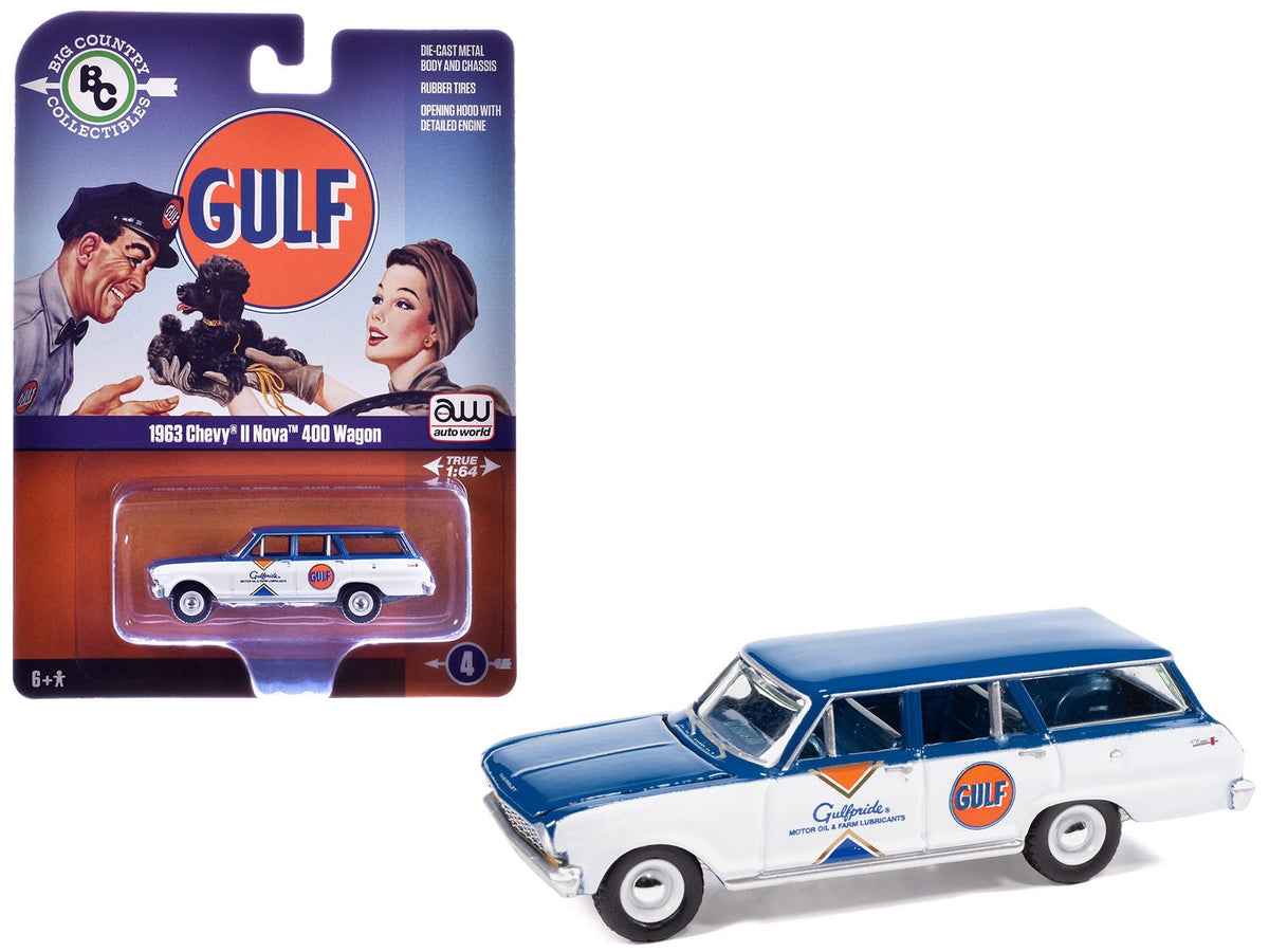 1963 Chevrolet II Nova 400 Wagon "Gulf" Blue and White with Blue Interior "Big Country Collectibles" 2025 Series 1/64 Diecast Model Car by Auto World-Autoworld-ModelCars.com