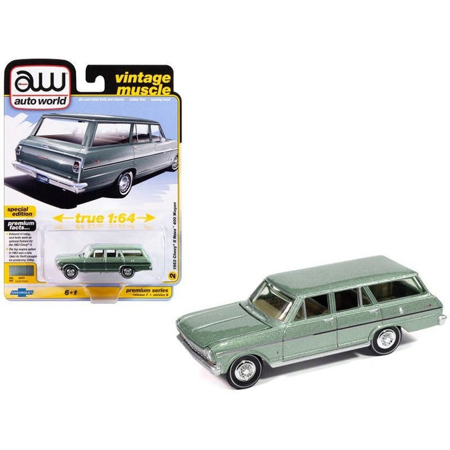 1963 Chevrolet II Nova 400 Wagon Laurel Green Metallic "Vintage Muscle" Series 1/64 Diecast Model Car by Auto World-Autoworld-ModelCars.com