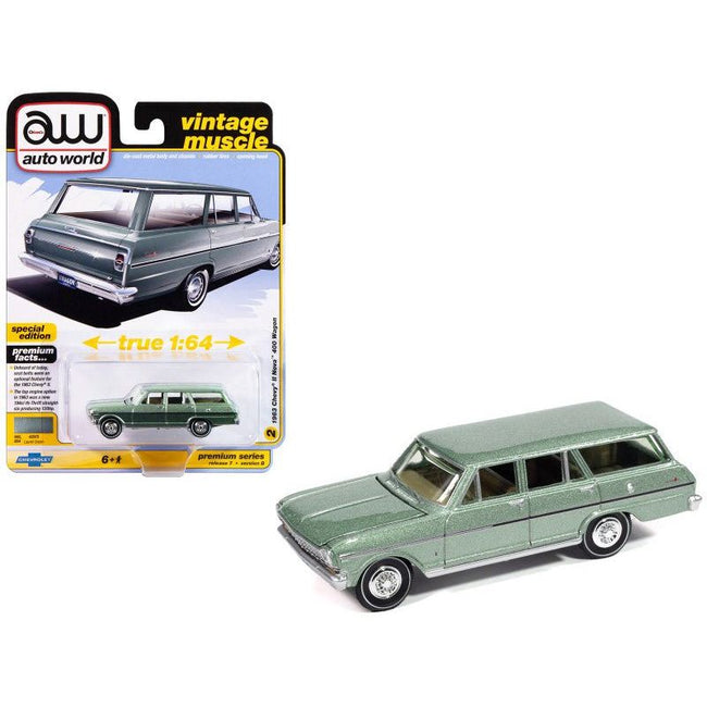 1963 Chevrolet II Nova 400 Wagon Laurel Green Metallic "Vintage Muscle" Series 1/64 Diecast Model Car by Auto World - Autoworld - ModelCars.com