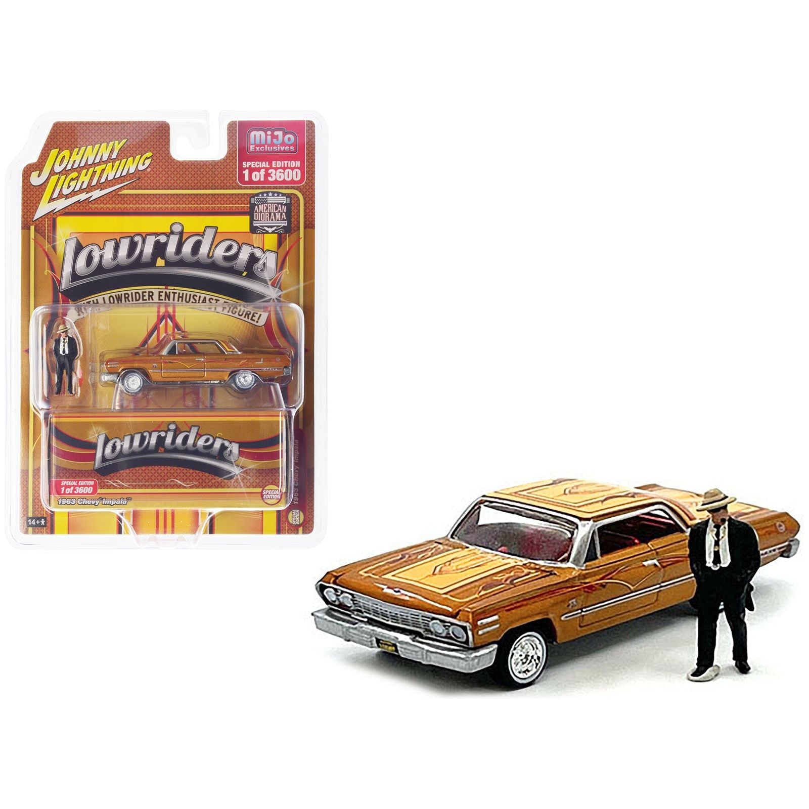 1963 Chevrolet Impala Lowrider Orange with Graphics and Diecast Figure Limited Edition to 3600 pieces Worldwide 1/64 Diecast Model Car by Johnny Lightning - Johnny Lightning - ModelCars.com