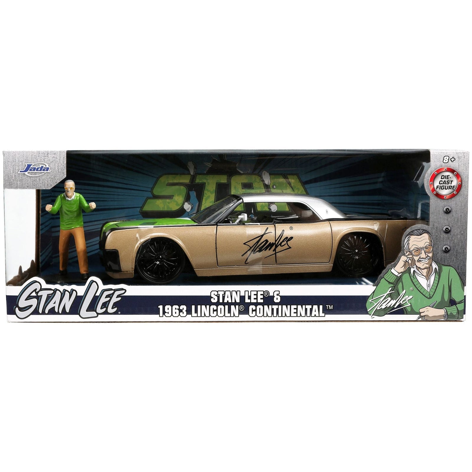 1963 Lincoln Continental Gold and Silver Metallic with Green Hood and "Stan Lee" Diecast Figure "Hollywood Rides" Series 1/24 Diecast Model Car by Jada - Jada - ModelCars.com