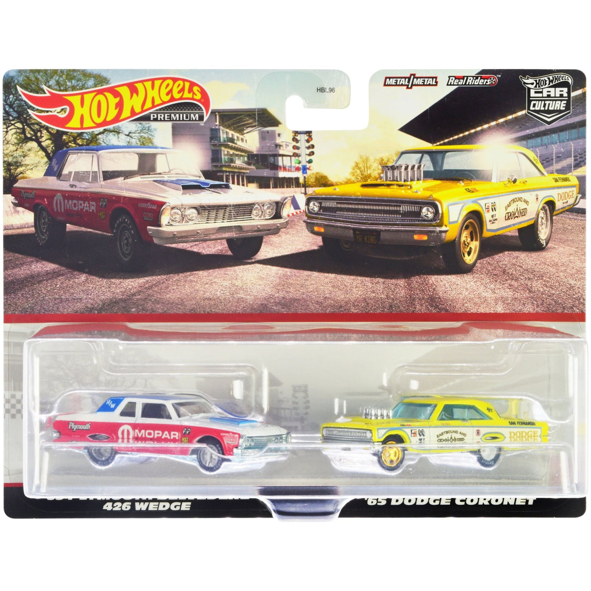 1963 Plymouth Belvedere 426 Wedge "MOPAR" White and Red with Blue Top and 1965 Dodge Coronet "Eastbound and Crowned" Yellow and White "Car Culture" Set of 2 Cars Diecast Model Cars by Hot Wheels - Hotwheels - ModelCars.com
