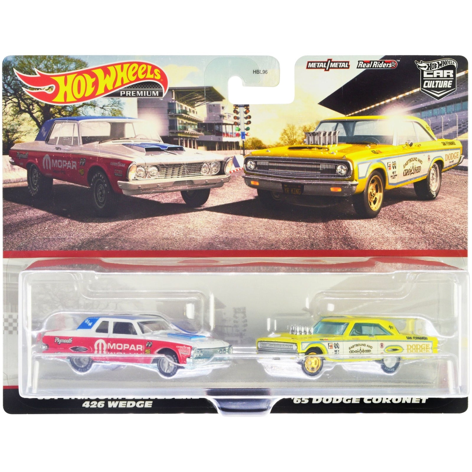 1963 Plymouth Belvedere 426 Wedge "MOPAR" White and Red with Blue Top and 1965 Dodge Coronet "Eastbound and Crowned" Yellow and White "Car Culture" Set of 2 Cars Diecast Model Cars by Hot Wheels - Hotwheels - ModelCars.com