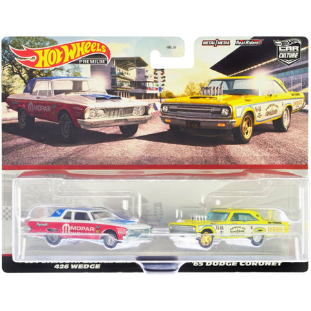 1963 Plymouth Belvedere 426 Wedge "MOPAR" White and Red with Blue Top and 1965 Dodge Coronet "Eastbound and Crowned" Yellow and White "Car Culture" Set of 2 Cars Diecast Model Cars by Hot Wheels - Hotwheels - ModelCars.com