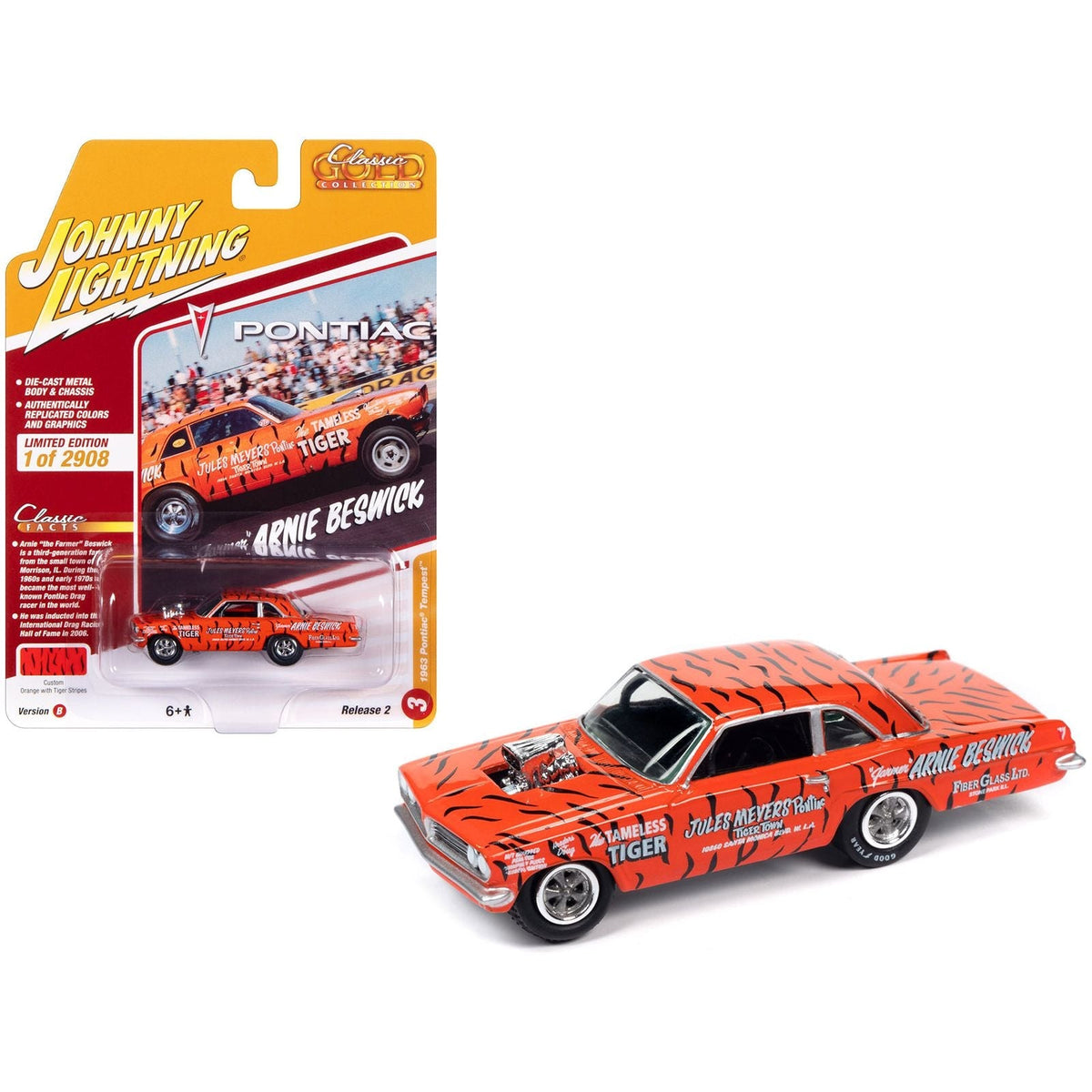1963 Pontiac Tempest "The Tameless Tiger" Orange with Black Tiger Stripes "Classic Gold Collection" 2023 Release 2 Limited Edition to 2908 pieces Worldwide 1/64 Diecast Model Car by Johnny Lightning-Johnny Lightning-ModelCars.com