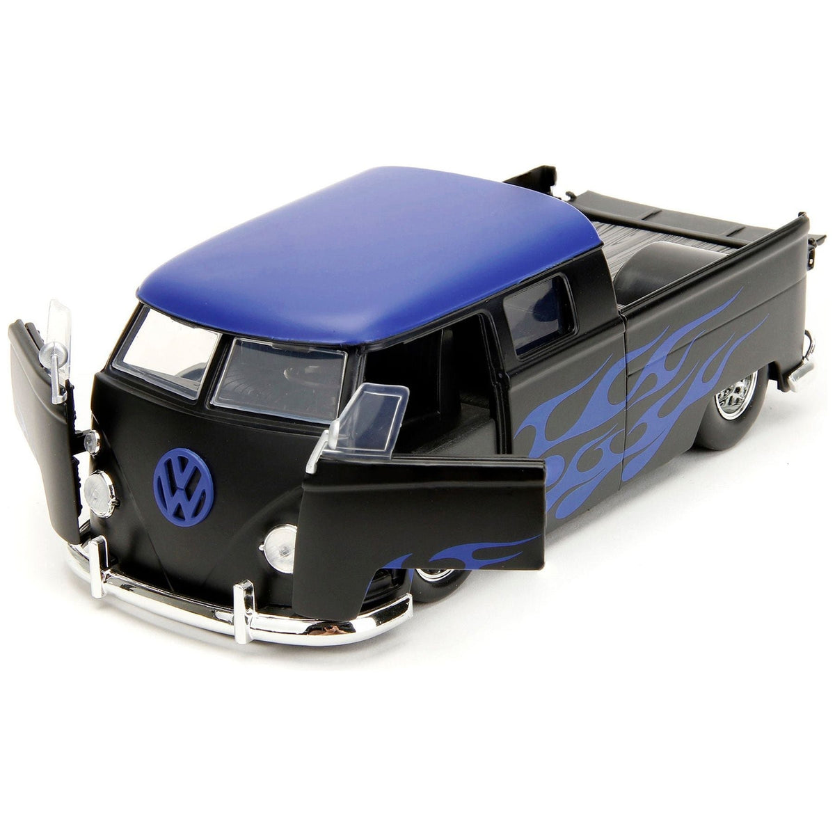 1963 Volkswagen Bus Pickup Truck Matt Black with Matt Blue Top and Flames Graphics "Punch Buggy" Series 1/24 Diecast Model Car by Jada-Jada-ModelCars.com