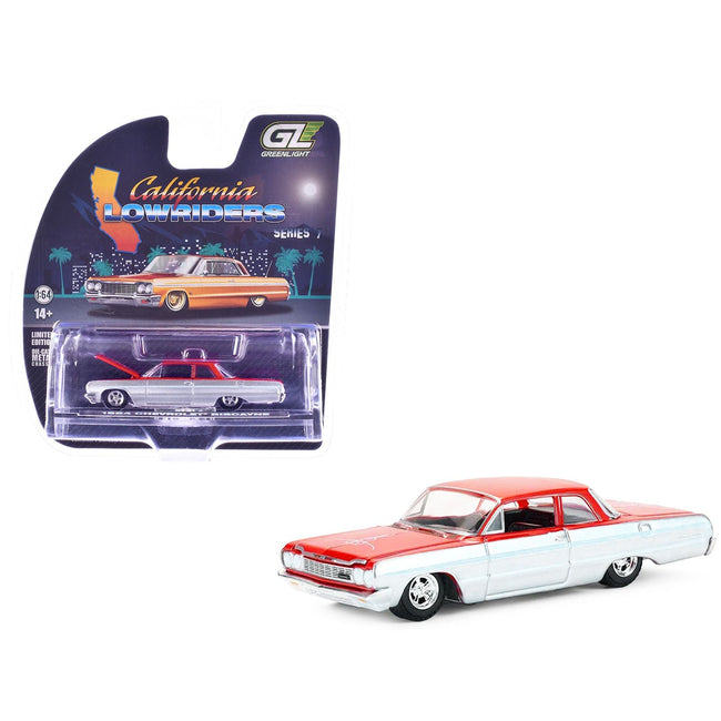 1964 Chevrolet Biscayne Lowrider Silver Metallic and Red Two-Tone "California Lowriders" Series 7 1/64 Diecast Model Car by Greenlight-Greenlight-ModelCars.com