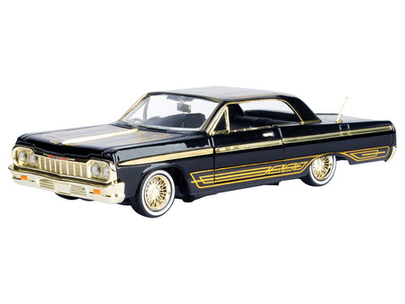 1964 Chevrolet Impala Lowrider Black with Gold Graphics and Wheels "Midnight Eclipse" Series 1/24 Diecast Model Car by Motormax-Motormax-ModelCars.com
