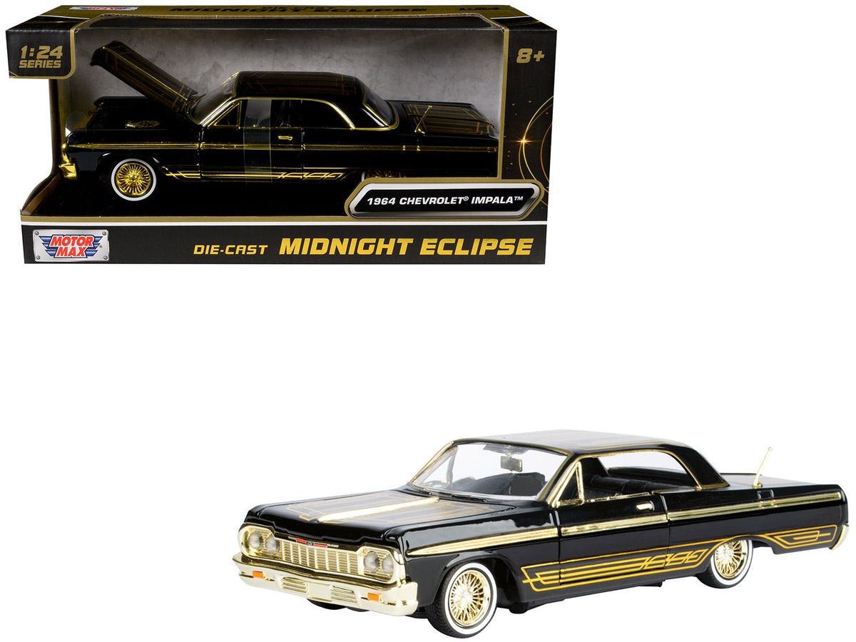 1964 Chevrolet Impala Lowrider Black with Gold Graphics and Wheels "Midnight Eclipse" Series 1/24 Diecast Model Car by Motormax-Motormax-ModelCars.com