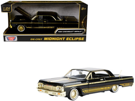 1964 Chevrolet Impala Lowrider Black with Gold Graphics and Wheels "Midnight Eclipse" Series 1/24 Diecast Model Car by Motormax-Motormax-ModelCars.com