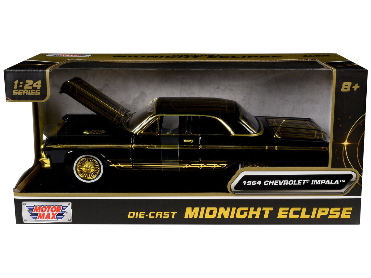 1964 Chevrolet Impala Lowrider Black with Gold Graphics and Wheels "Midnight Eclipse" Series 1/24 Diecast Model Car by Motormax-Motormax-ModelCars.com