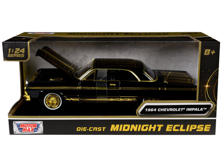 1964 Chevrolet Impala Lowrider Black with Gold Graphics and Wheels "Midnight Eclipse" Series 1/24 Diecast Model Car by Motormax-Motormax-ModelCars.com