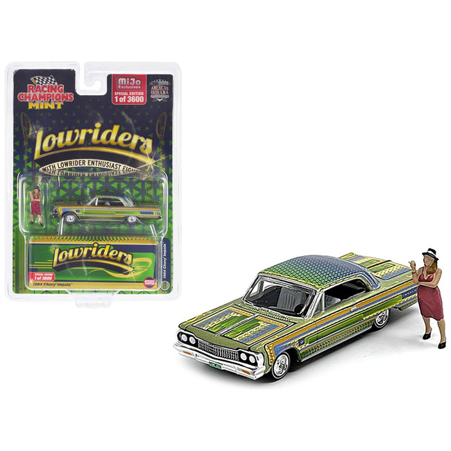 1964 Chevrolet Impala Lowrider Green Metallic with Graphics and Diecast Figure Limited Edition to 3600 pieces Worldwide 1/64 Diecast Model Car by Racing Champions - Racing Champions - ModelCars.com