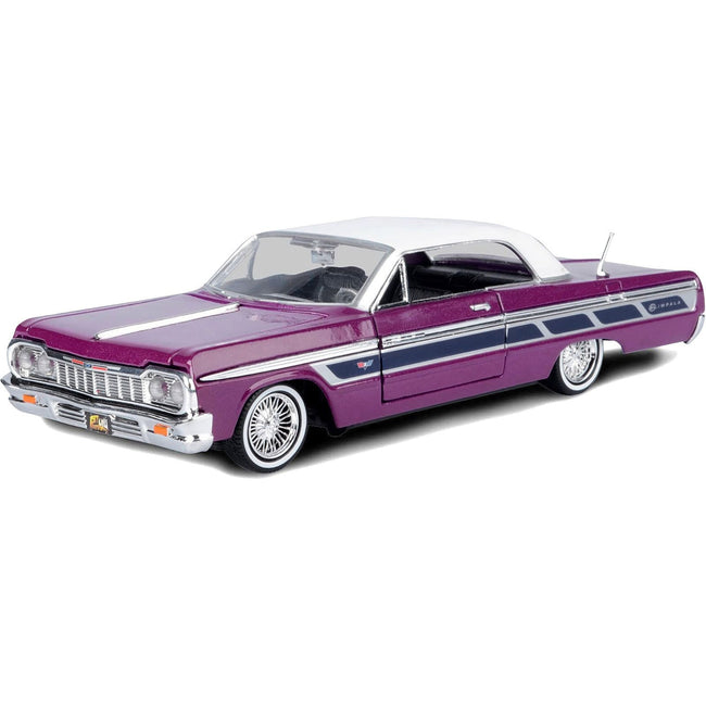 1964 Chevrolet Impala Lowrider Hard Top Purple Metallic with White Top "Get Low" Series 1/24 Diecast Model Car by Motormax-Motormax-ModelCars.com