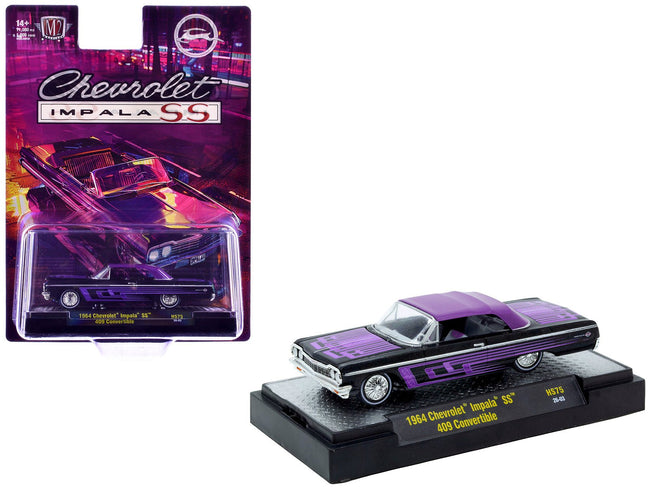 1964 Chevrolet Impala SS 409 Convertible Black Metallic with Purple Graphics and Purple Soft Top Limited Edition to 11000 pieces Worldwide 1/64 Diecast Model Car by M2 Machines-M2-ModelCars.com