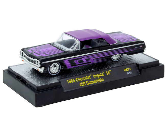 1964 Chevrolet Impala SS 409 Convertible Black Metallic with Purple Graphics and Purple Soft Top Limited Edition to 11000 pieces Worldwide 1/64 Diecast Model Car by M2 Machines-M2-ModelCars.com