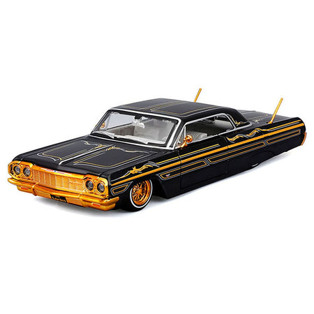 1964 Chevrolet Impala SS Lowrider Black Metallic with Gold Graphics and Gray Interior "Lowriders" "Maisto Design" Series 1/26 Diecast Model Car by Maisto-Maisto-ModelCars.com