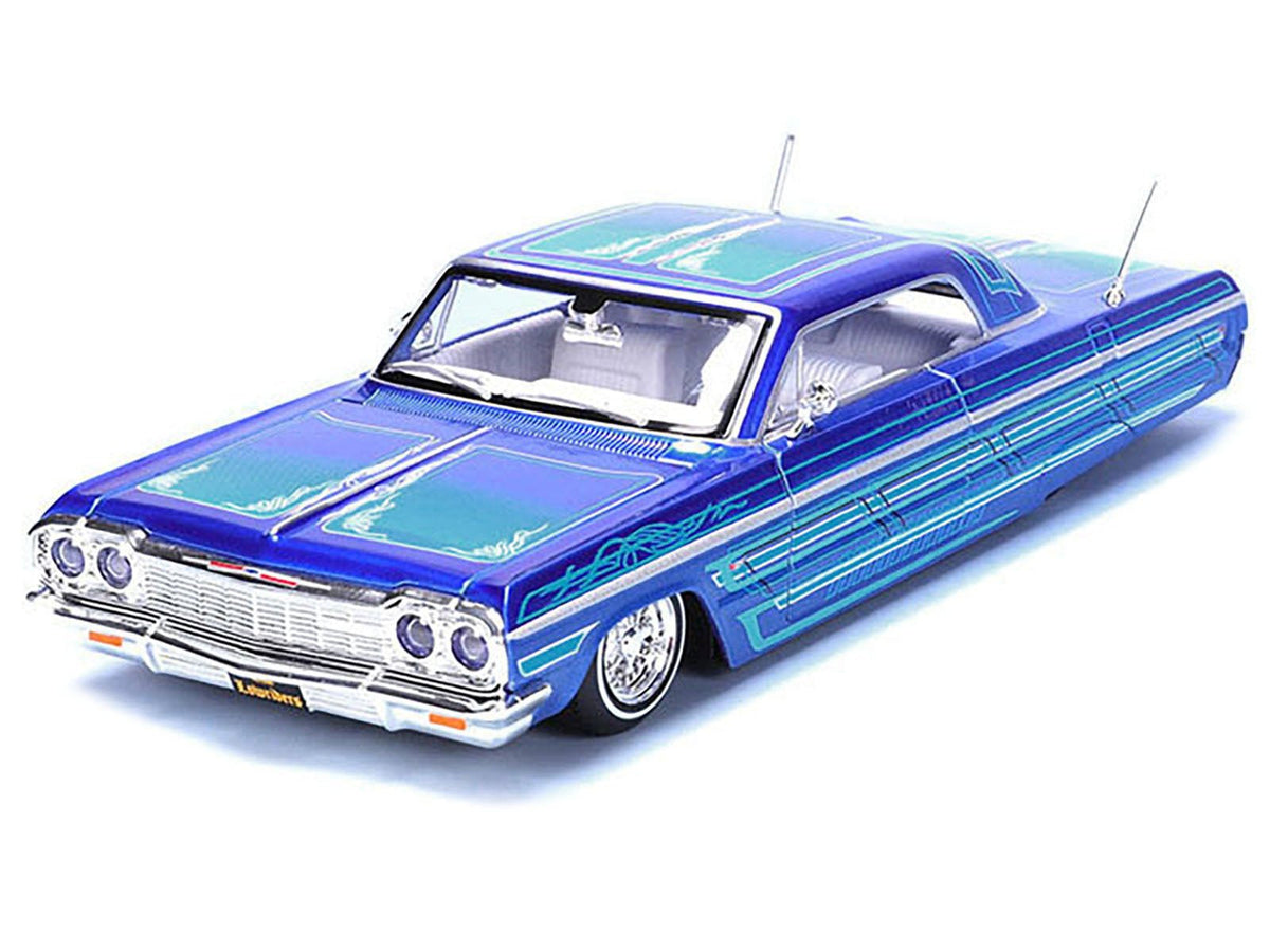 1964 Chevrolet Impala SS Lowrider Candy Blue with Graphics and White Interior "Lowriders" "Maisto Design" Series 1/26 Diecast Model Car by Maisto-Maisto-ModelCars.com
