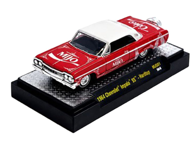 1964 Chevrolet Impala SS Lowrider "Coca Cola" Red with White Top and Graphics Limited Edition to 9340 pieces Worldwide 1/64 Diecast Model Car by M2 Machines-M2-ModelCars.com