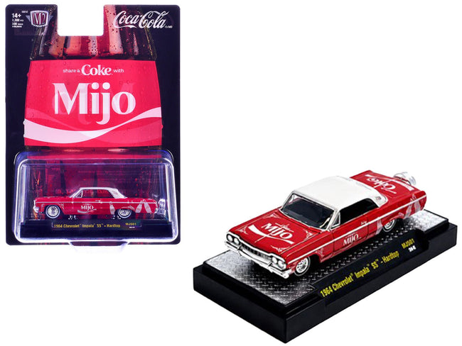 1964 Chevrolet Impala SS Lowrider "Coca Cola" Red with White Top and Graphics Limited Edition to 9340 pieces Worldwide 1/64 Diecast Model Car by M2 Machines-M2-ModelCars.com