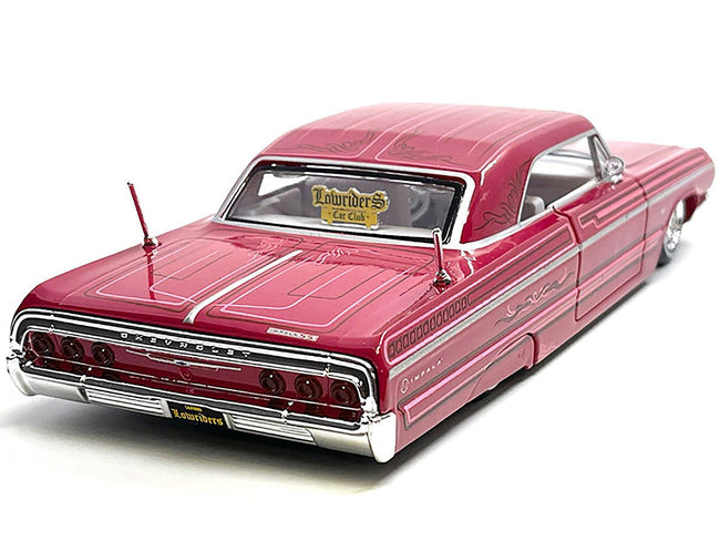 1964 Chevrolet Impala SS Lowrider Pink with Graphics and White Interior "Lowriders" "Maisto Design" Series 1/26 Diecast Model Car by Maisto-Maisto-ModelCars.com