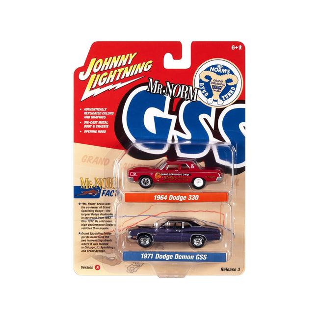 1964 Dodge 330 "Mr. Norm - Grand Spaulding Dodge" Red and 1971 Dodge Demon GSS Plum Crazy with Black Top and Stripes "Mr. Norm GSS" Series Set of 2 Cars 1/64 Diecast Model Cars by Johnny Lightning-Johnny Lightning-ModelCars.com